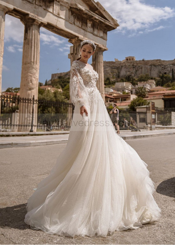 Long Sleeve Beaded Ivory Lace Tulle Wedding Dress